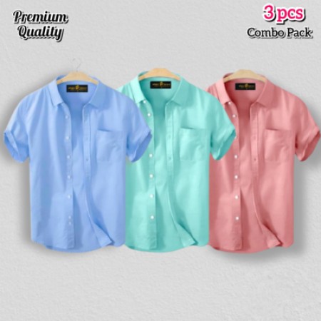 3 Pcs Half Shirt -Sky+Cream+Pest